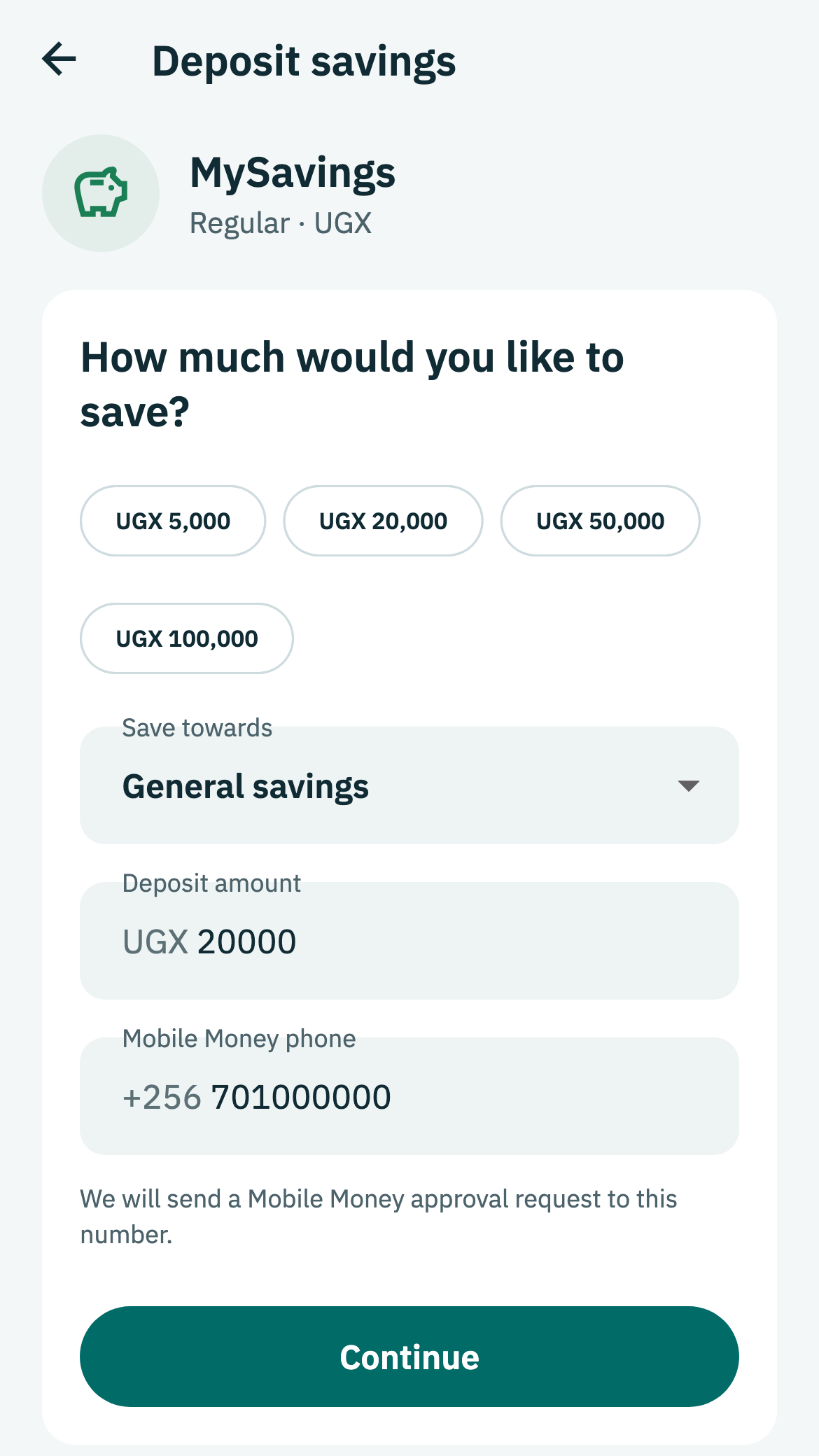 Mayicard deposit screen with savings destination, deposit amount and Mobile Money phone fields