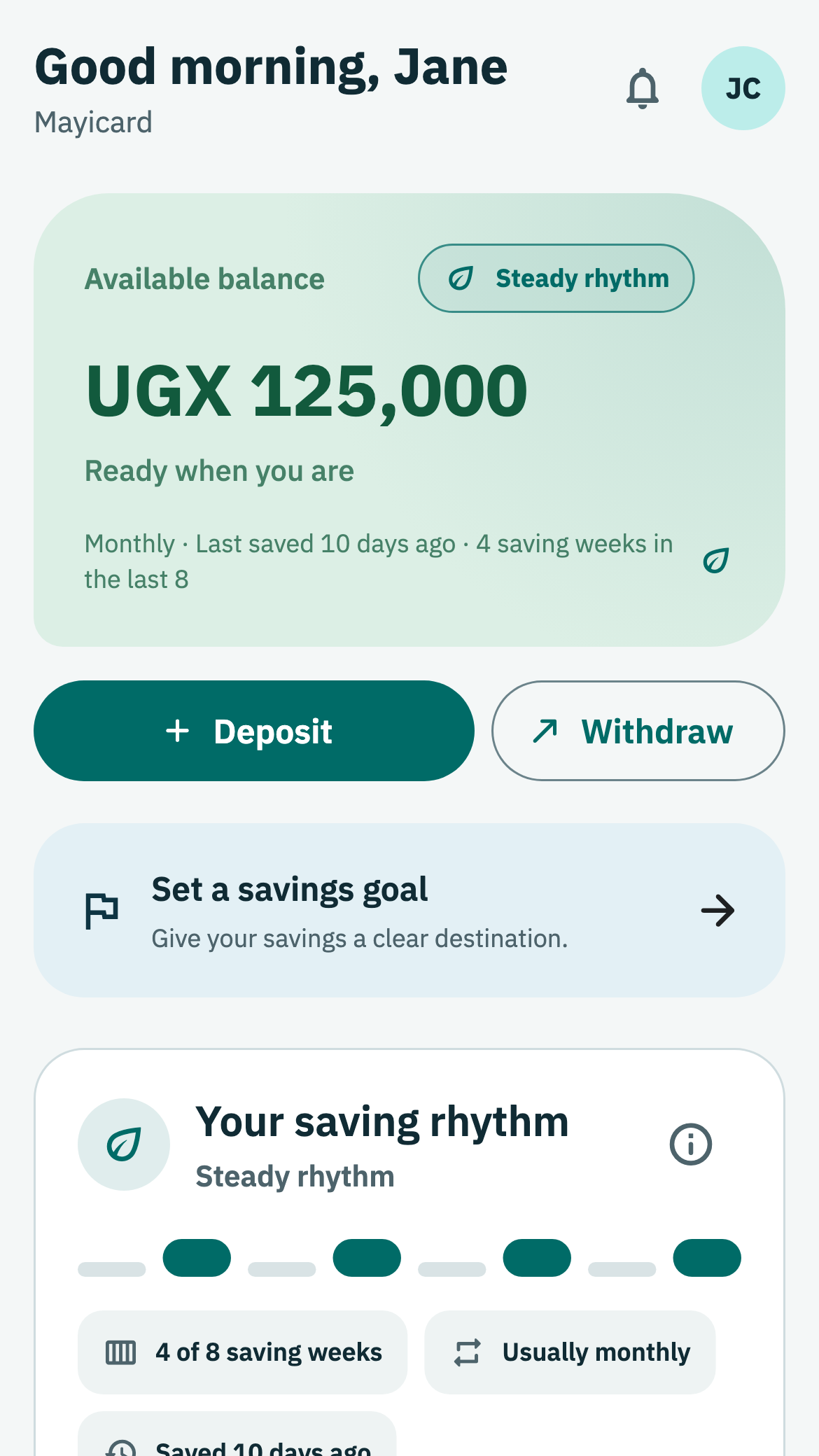 Mayicard MySavings home showing an available balance, deposit and withdrawal actions, and a saving rhythm