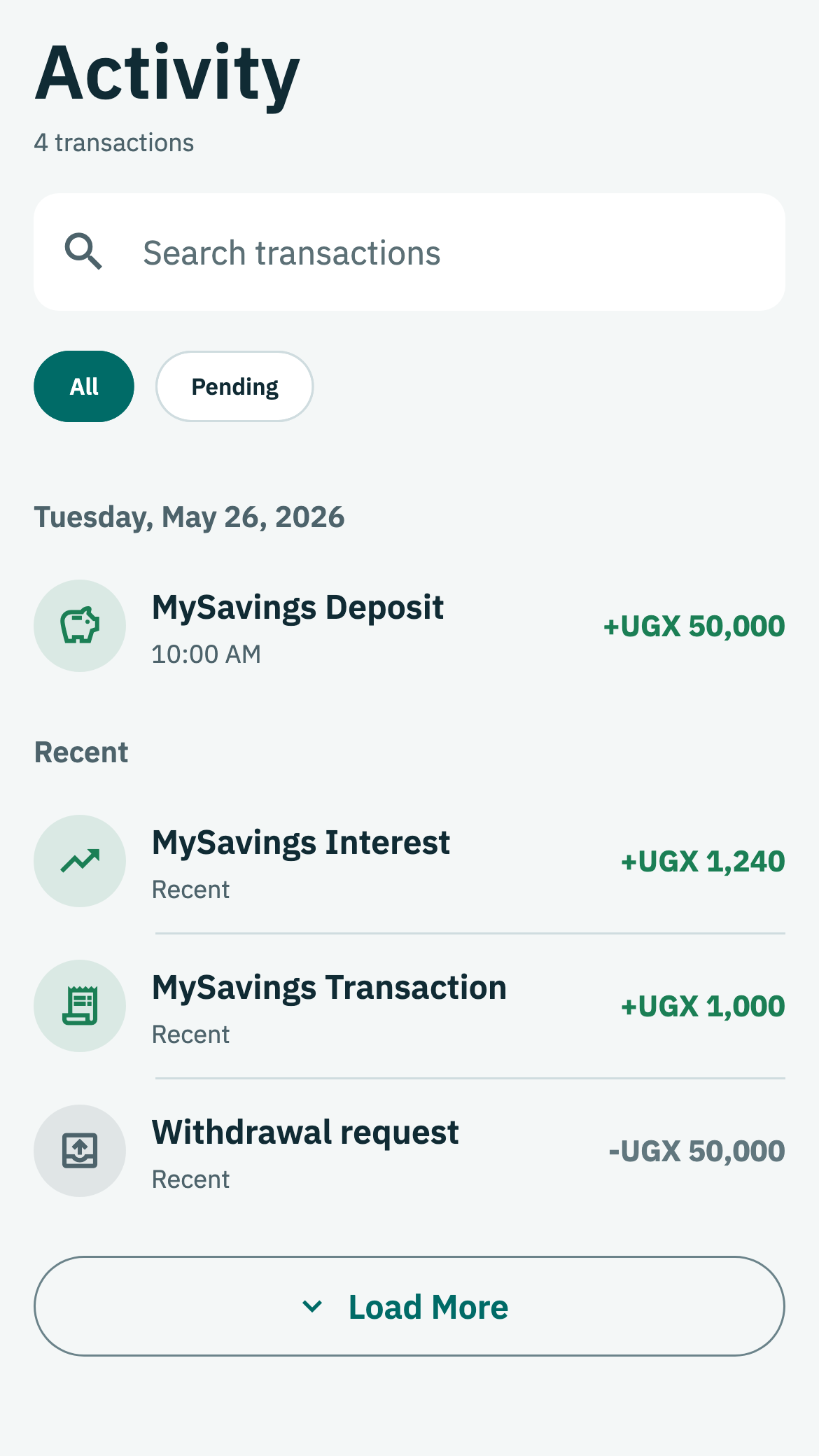 Mayicard activity screen listing deposits, interest, transactions and a withdrawal request